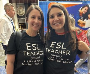 2 teachers with matching t-shirts