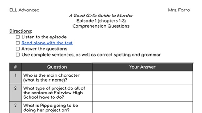 comprehension questions on a chart